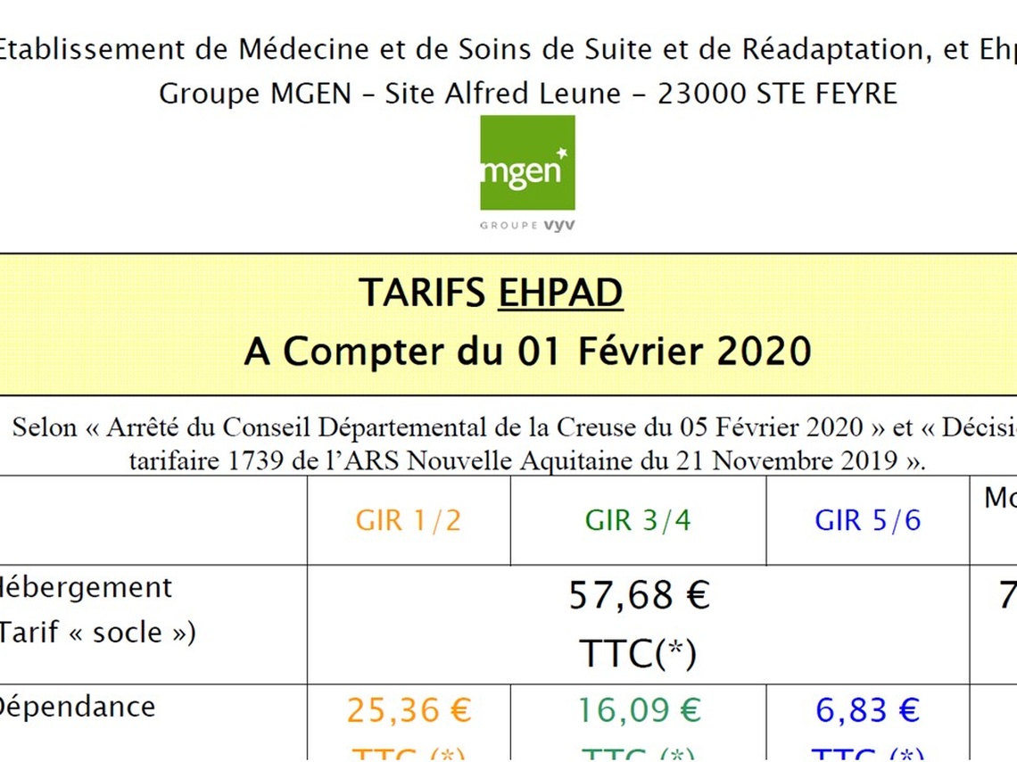EHPAD de Sainte-Feyre - Tarifs