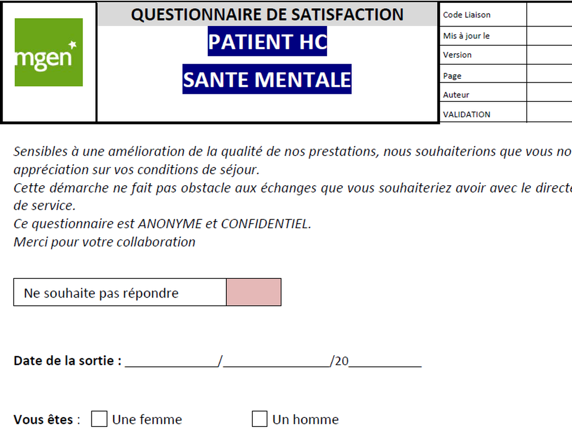 Institut MGEN de La Verrière - Questionnaire de satisfaction - Santé Mentale