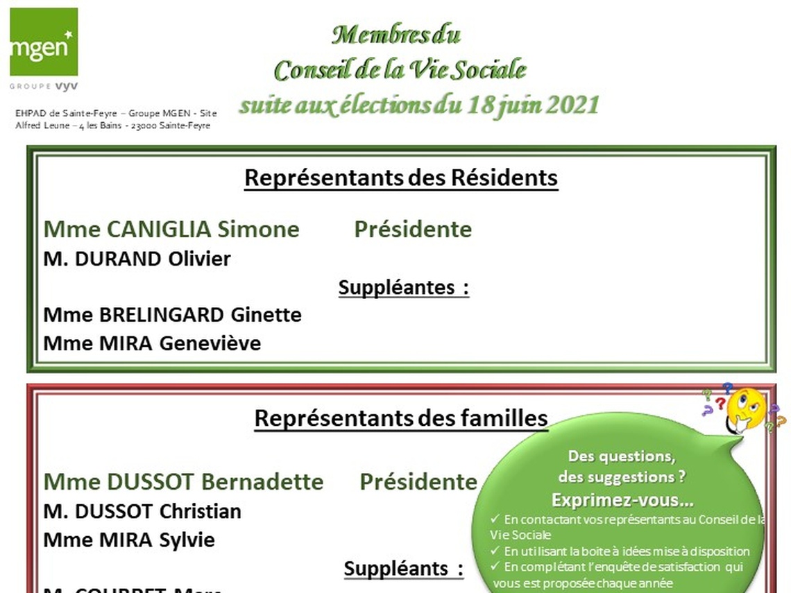 EHPAD de Sainte-Feyre - Composition du Conseil de la Vie Sociale