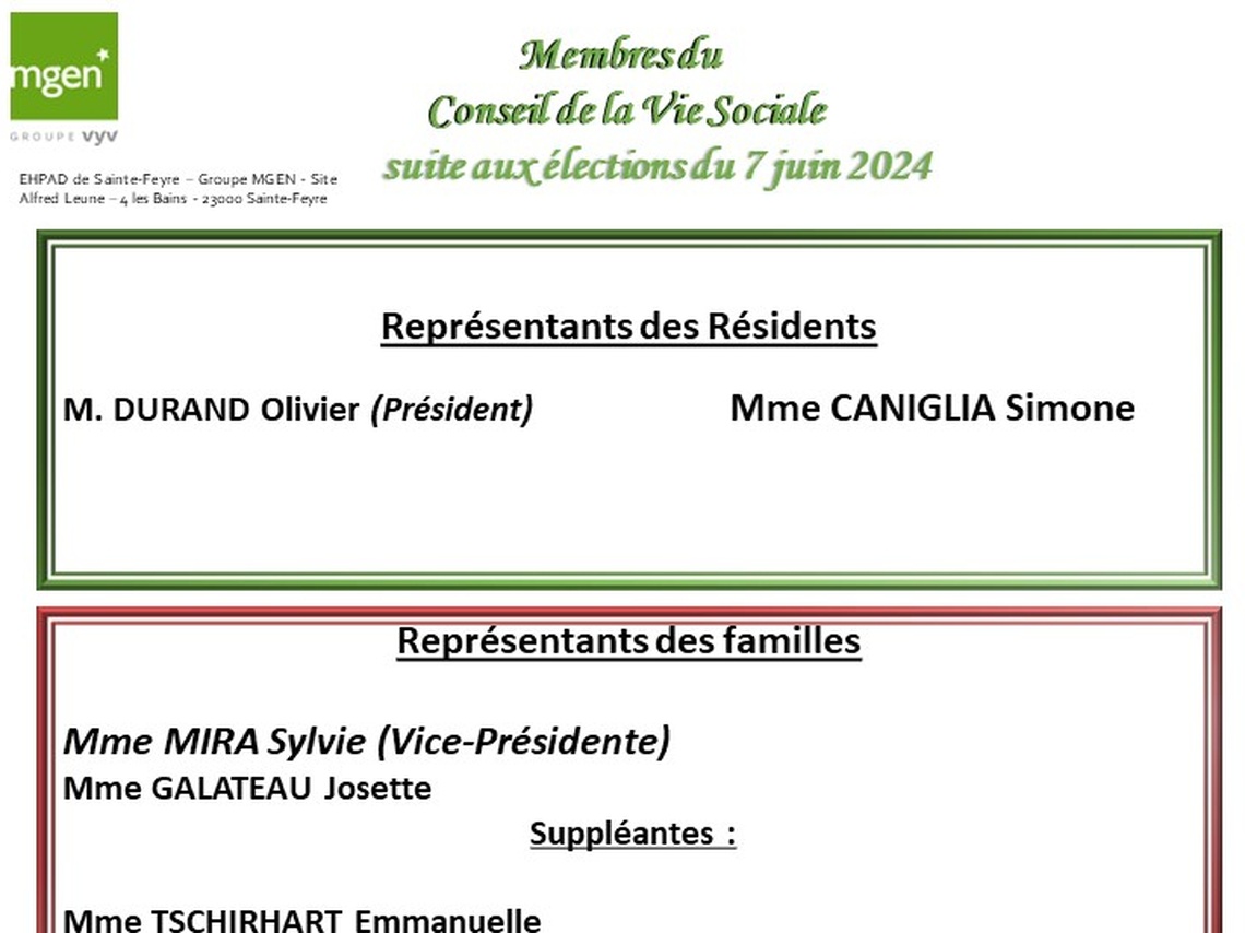 EHPAD de Sainte-Feyre - Composition du Conseil de la Vie Sociale