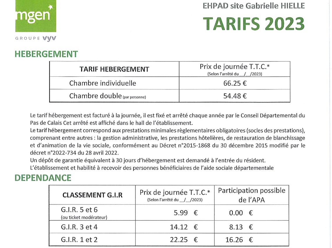 EHPAD d'Huby Saint Leu - Tarifs 2023