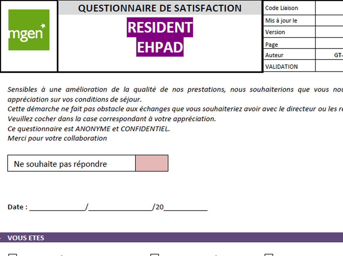 Institut MGEN de La Verrière - Questionnaire de satisfaction - EHPAD