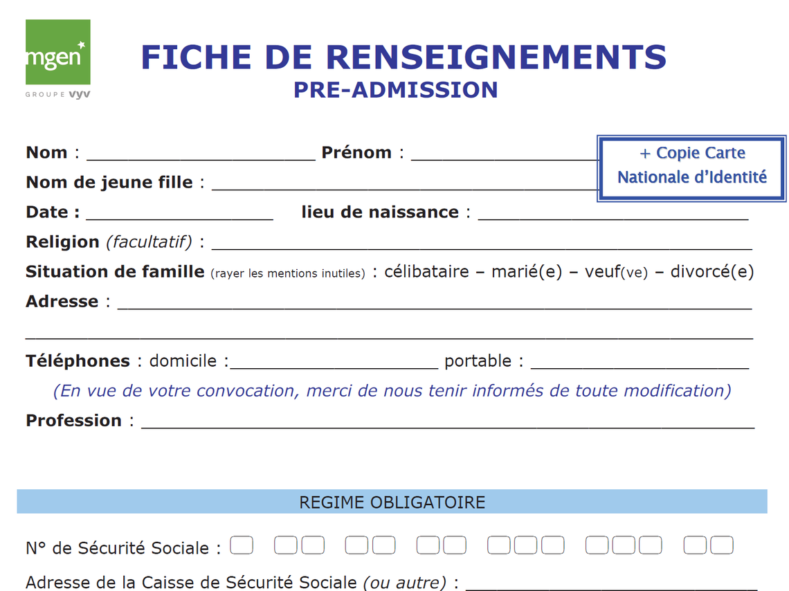 Etablissement de médecine et SMR Sainte-Feyre - Dossier d'admission