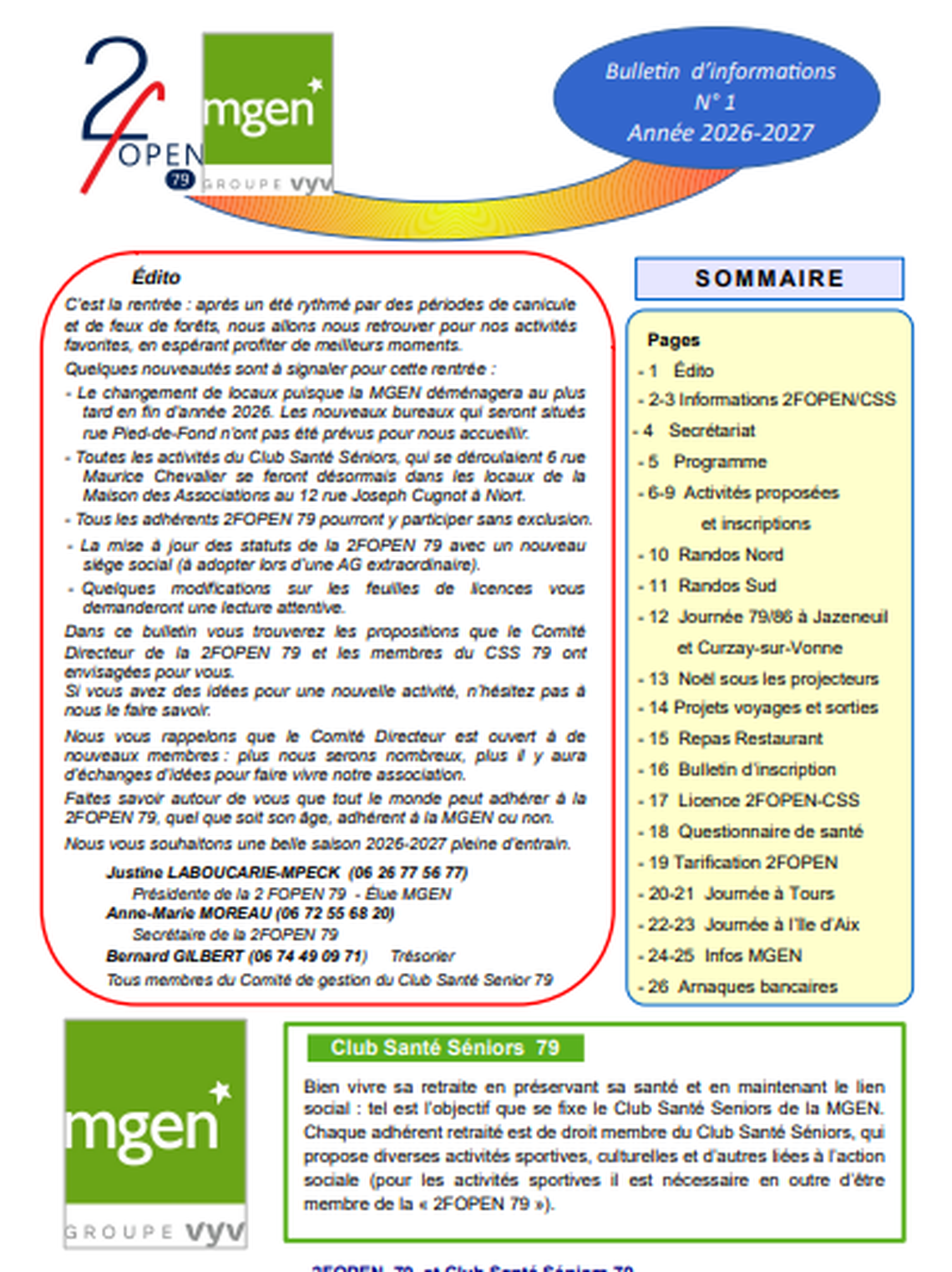 Section MGEN des Deux-Sèvres - Club Santé Séniors - Bulletin de rentrée