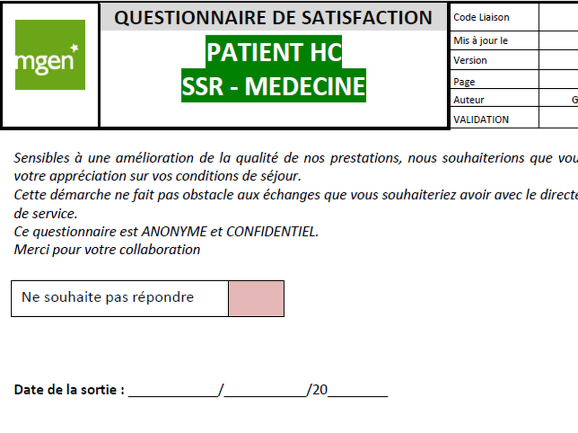 Institut MGEN de La Verrière - Questionnaire de satisfaction - Médecine/SSR