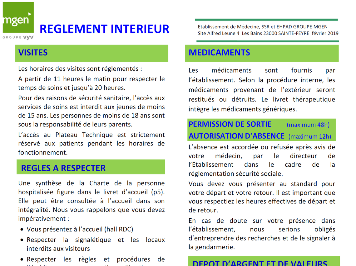 Etablissement de médecine et SMR Sainte-Feyre - règlement intérieur
