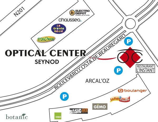 Mapa detallado de acceso Opticien SEYNOD Optical Center