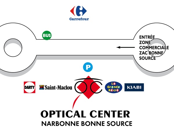 Mapa detallado de acceso Opticien NARBONNE- BONNE-SOURCE Optical Center