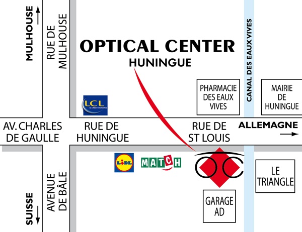 Gedetailleerd plan om toegang te krijgen tot Opticien HUNINGUE Optical Center