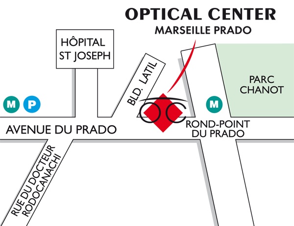 Mapa detallado de acceso Opticien MARSEILLE - PRADO Optical Center
