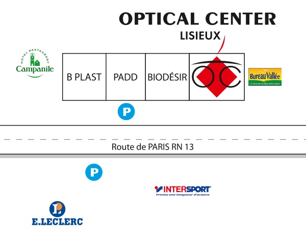 Mapa detallado de acceso Opticien LISIEUX Optical Center