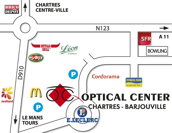 Gedetailleerd plan om toegang te krijgen tot Opticien CHARTRES - BARJOUVILLE Optical Center