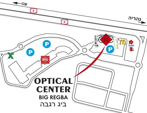 Mapa detallado de acceso Optical Center BIG REGBA/ביג רגבה