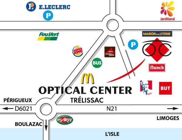 Mapa detallado de acceso Opticien TRÉLISSAC Optical Center