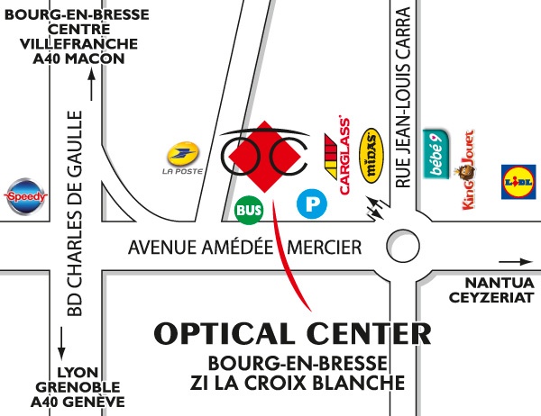Mapa detallado de acceso Opticien BOURG-EN-BRESSE - ZI LA CROIX BLANCHE Optical Center