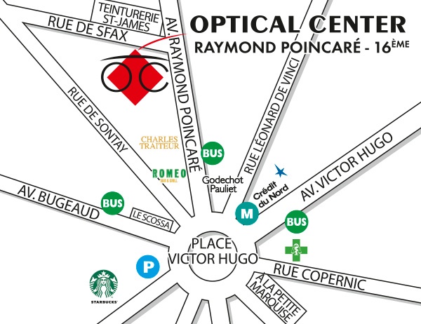 Gedetailleerd plan om toegang te krijgen tot Opticien PARIS 16ÈME - RAYMOND POINCARÉ Optical Center