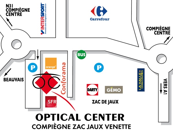 Gedetailleerd plan om toegang te krijgen tot Opticien COMPIÈGNE - ZAC JAUX-VENETTE Optical Center