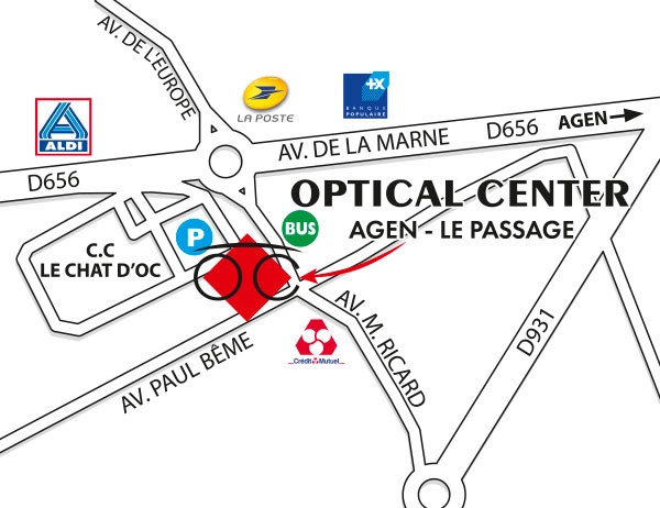 Mapa detallado de acceso Opticien AGEN-LE PASSAGE Optical Center