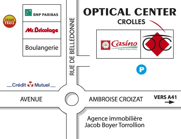 Mapa detallado de acceso Opticien CROLLES Optical Center