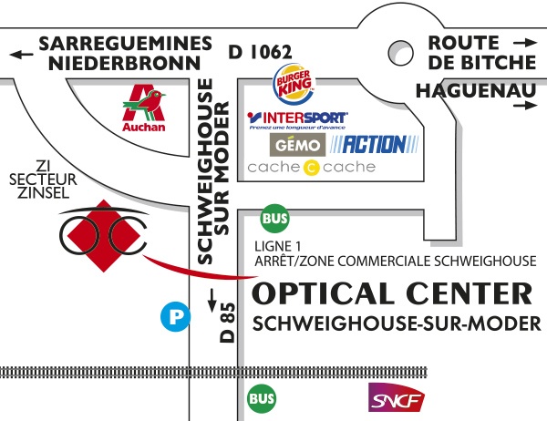 Mapa detallado de acceso Opticien SCHWEIGHOUSE-SUR-MODER Optical Center