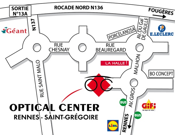 Mapa detallado de acceso Opticien RENNES - SAINT GREGOIRE Optical Center