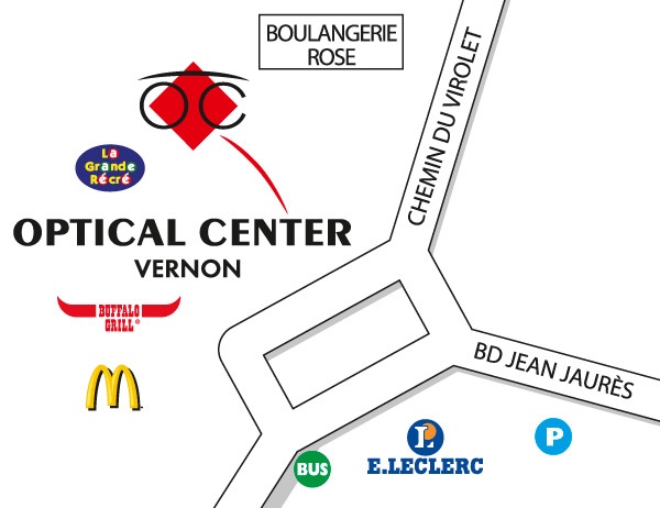 Mapa detallado de acceso Opticien VERNON Optical Center