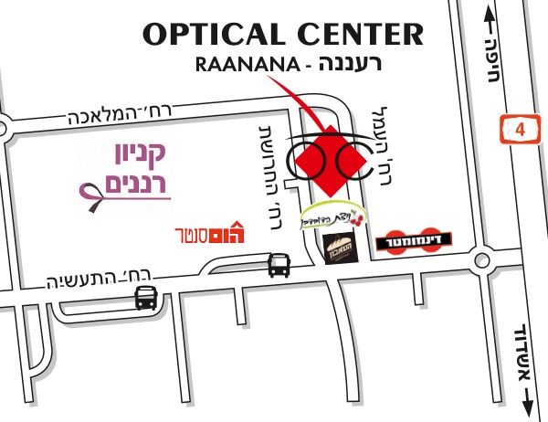 Mapa detallado de acceso Optical Center RAANANA/רעננה