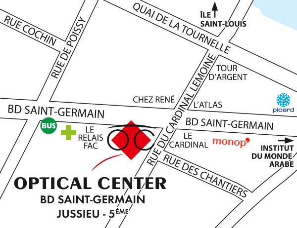 Gedetailleerd plan om toegang te krijgen tot Opticien PARIS 5ÈME - SAINT-GERMAIN - JUSSIEU Optical Center