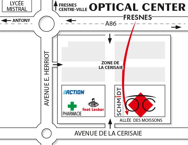 Mapa detallado de acceso Opticien FRESNES Optical Center
