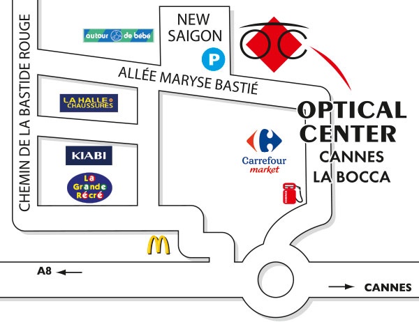 Mapa detallado de acceso Opticien CANNES - LA BOCCA Optical Center