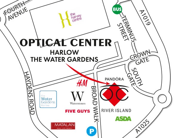 Detailed map to access to Optical Center HARLOW
