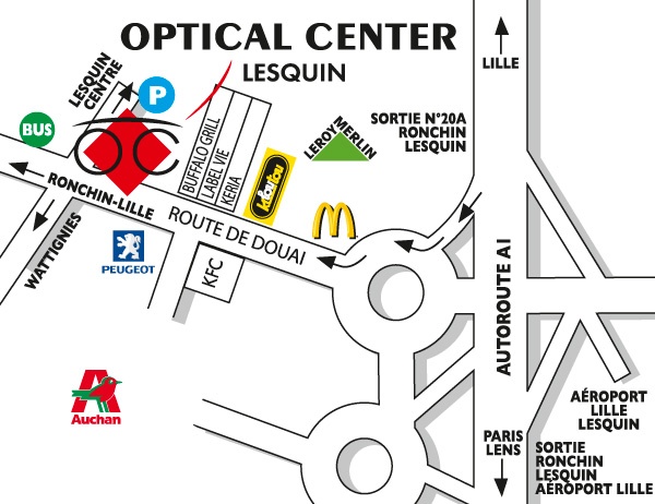 Mapa detallado de acceso Opticien LESQUIN Optical Center
