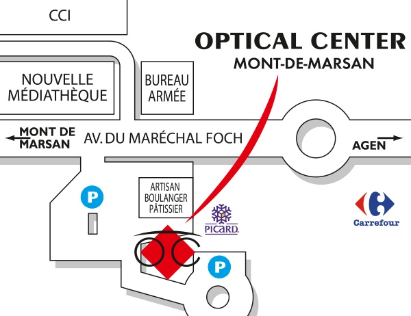 Gedetailleerd plan om toegang te krijgen tot Opticien MONT-DE-MARSAN Optical Center