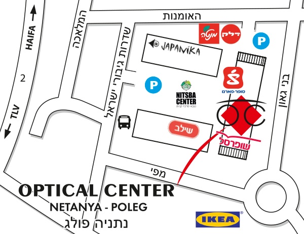 Mapa detallado de acceso Optical Center NETANYA - POLEG/נתניה פולג