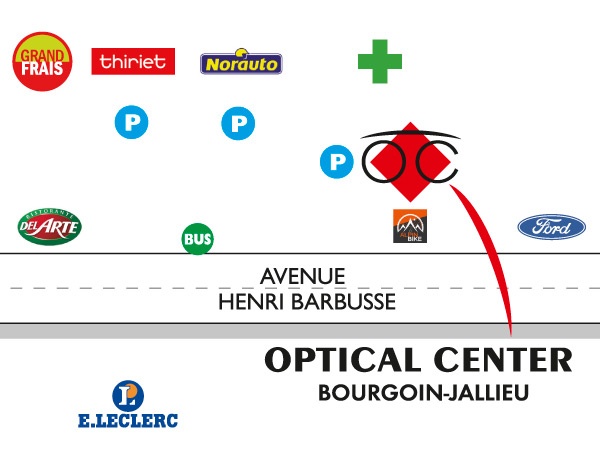 Mapa detallado de acceso Opticien BOURGOIN-JALLIEU Optical Center