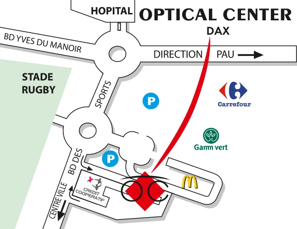 Mapa detallado de acceso Opticien DAX Optical Center