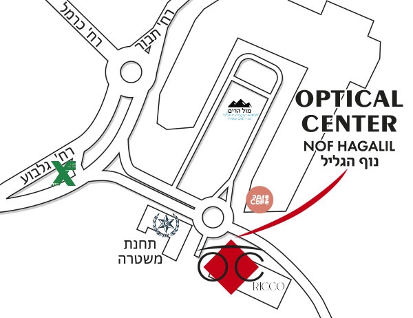 Mapa detallado de acceso Optical Center NOF HAGALIL/נוף הגליל