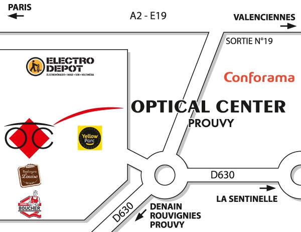 Mapa detallado de acceso Opticien PROUVY Optical Center