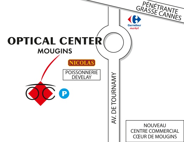 Mapa detallado de acceso Opticien MOUGINS Optical Center