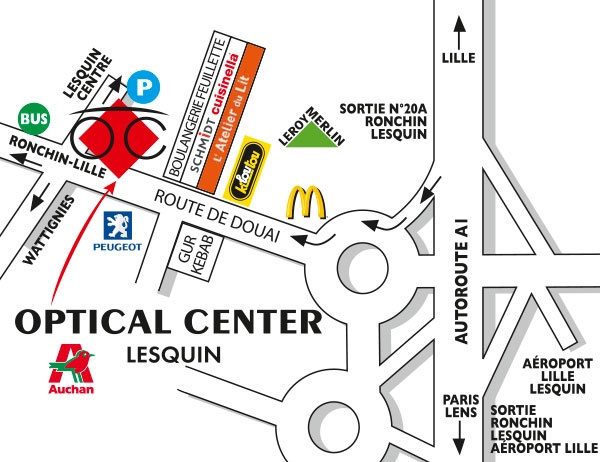 Mapa detallado de acceso Opticien LESQUIN Optical Center