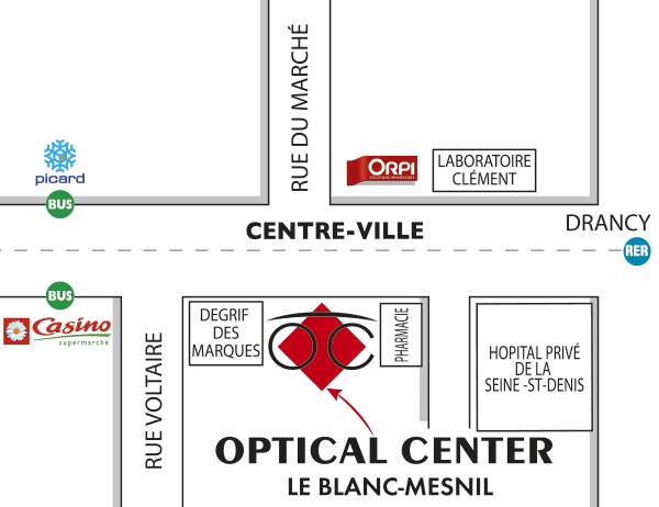 Mapa detallado de acceso Opticien LE BLANC-MESNIL Optical Center