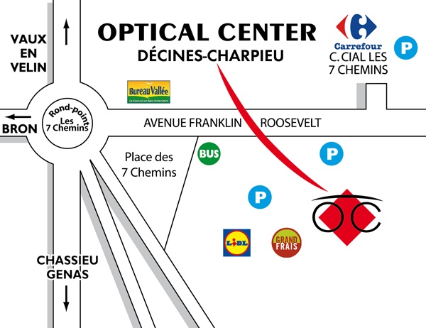 Mapa detallado de acceso Opticien DECINES-CHARPIEU Optical Center