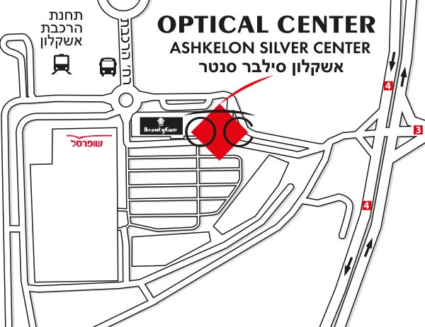 Mapa detallado de acceso Optical Center - ASHKELON