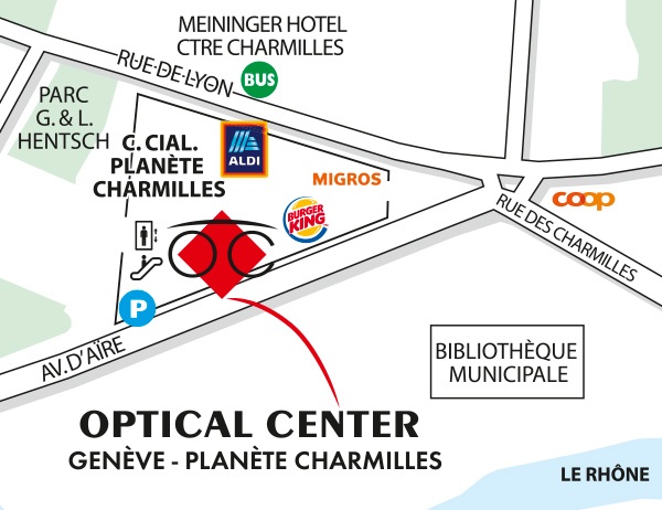 Mapa detallado de acceso Optical Center GENÈVE-PLANÈTE CHARMILLES