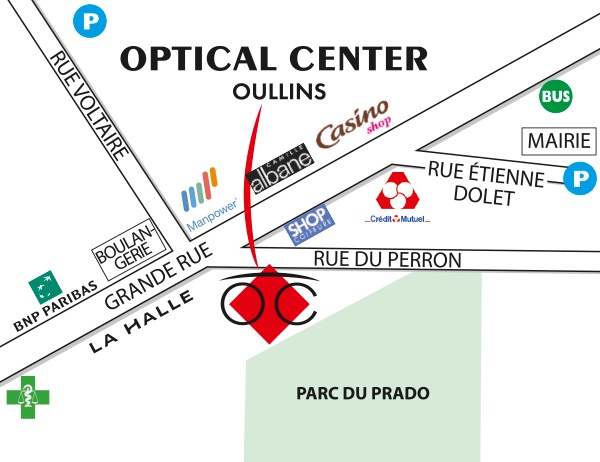 Mapa detallado de acceso Opticien  OULLINS Optical Center