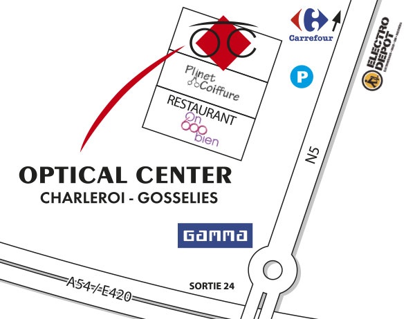 Detailed map to access to Optical Center - CHARLEROI - GOSSELIES
