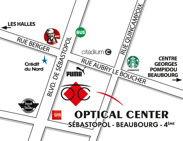 Mapa detallado de acceso Opticien PARIS 4ÈME - SÉBASTOPOL  BEAUBOURG Optical Center