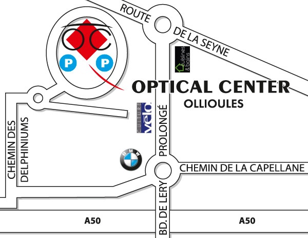 Detailed map to access to Opticien OLLIOULES Optical Center