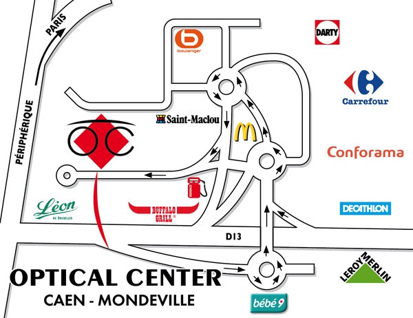 detaillierter plan für den zugang zu Opticien CAEN - MONDEVILLE Optical Center