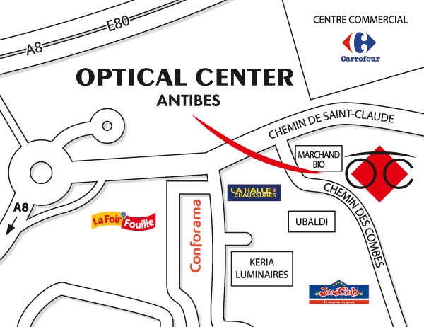 Mapa detallado de acceso Opticien ANTIBES Optical Center